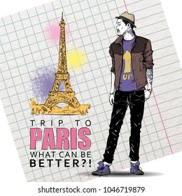 Stylish boy in sketch-style on a eiffel tower background. Vector illustration.
