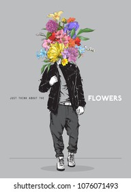 Stylish boy in sketch-style whit flowers head. Vector illustration.