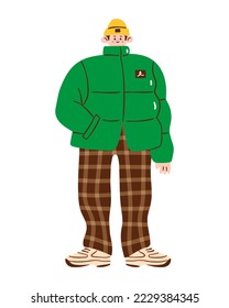 Stylish boy wearing a puffer jacket, check pattern pants and sneakers. Vector illustration of male winter of autumn fashion in colorful hand drawn style. Isolated on white background.