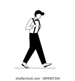 Stylish boy wearing suspenders and a bow. Outline vector illustration of a man standing in fashionable stylish clothing. Black and white linear illustration of a man wearing braces and bow-tie