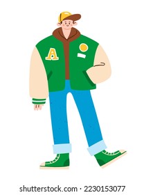 Stylish boy wearing a varsity jacket, jeans, sneakers and baseball cap. Vector illustration of trendy winter, spring or autumn outfit. Male fashion in cute hand drawn style. White background.