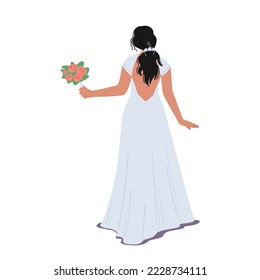 Novia elegante con elegante vestimenta con vista trasera abierta aislada en fondo blanco. Hermoso personaje femenino con Bouquet y vestido largo para la ceremonia de boda. Ilustración de vectores de personas de caricatura