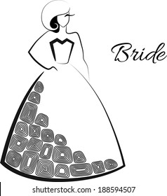 Stylish Bride in a fashionable decorative wedding dress on the blue background. Design sketch.