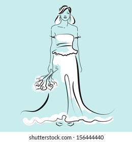 Stylish Bride in a fashionable long wedding dress and with a bouquet of flowers on the blue background. Design sketch.
