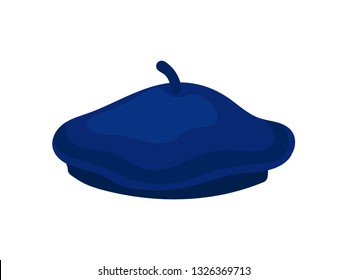 Stylish bright blue beret. National cap of France. Unisex accessory. Popular French headdress. Flat vector icon