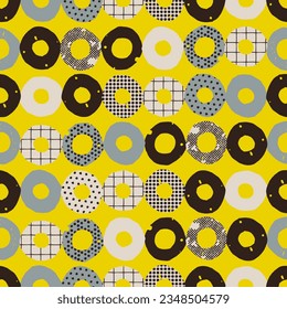 Stilvolles, farbenfrohes, nahtloses Muster mit Kreisen mit unterschiedlichen Texturen in Punkt und Schau. Moderner Hintergrund, Druck, Design