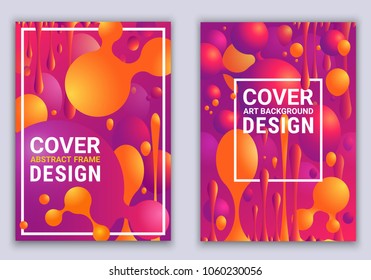 Stylish bright gradients and geometric shapes. Red, orange and ultraviolet colors. Vector posters with abstract balls and liquid bubbles. Paint splashes. Template for the flyers, business cards.