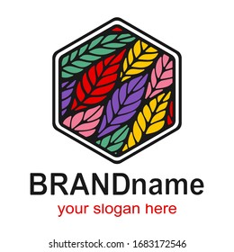 Stylish bright logo with colorful leaves (feathers). Hexagon icon, fashionable sign, cute symbol, trendy logotype, brand identity for business, clothing store, cosmetics boutique. Vector illustration.