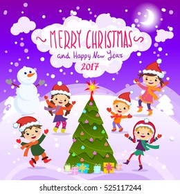 Stylish and bright Merry Christmas card in vector. Funny Elves dancing under the snowfall. Cute holiday background with boys and girls