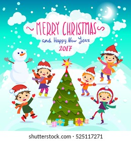 Stylish and bright Merry Christmas card in vector. Funny Elves dancing under the snowfall. Cute holiday background with boys and girls