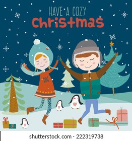 Stylish and bright Merry Christmas and New Year card in vector. Funny and smiling boys and girls dancing at night in the snow. Winter holiday background with penguins and gifts. Let's joy Christmas.