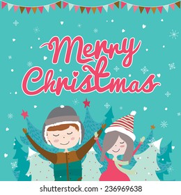 Stylish and bright Merry Christmas and New Year card in vector. Funny and smiling girl and boy waving and smiling. Winter holiday background with trees and snowflakes. Let's joy Christmas