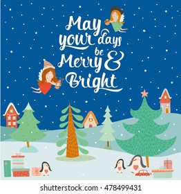 Stylish and bright Merry Christmas and New Year card in vector. Cute and funny penguins wait Santa Claus and gifts at night in the snow. Winter holiday background. Christmas coming in town