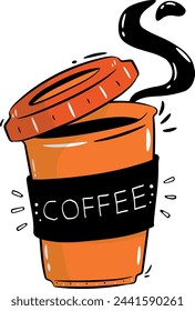 Elegante y brillante taza de café de plástico. Hermosa taza de café con café humeante y una inscripción.