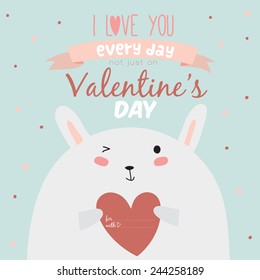 Stylish and bright romantic and love greeting card in vector for Happy Valentines Day. Funny and cute rabbit congratulates all of the holidays. Typographic poster with cartoon illustration and wishes
