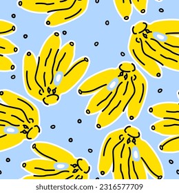 Stylish bright seamless pattern with bunches of bananas on a light blue background. Fruit. Vector background, print, design 