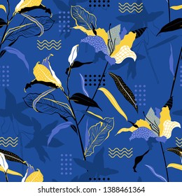 Stylish  bright Seamless pattern hand drawn delicate lily flowers vector with geometric polkadot and lines ,Design for fashion fabric ,wallpaper ,book ETC on electric blue color background