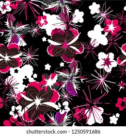 Stylish, bright, trendy, pattern with flowers on a black background. Seamless vector. A lot of exotic flowers and seeds drawn, in pink, white, black and burgundy colours. For fabrics, wallpapers