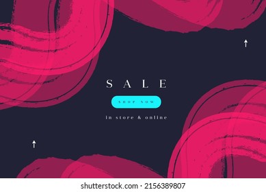 Stylish bright vector template for banner with pink wavy drawn watercolor lines on the black background