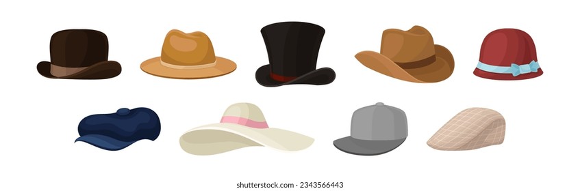 Stylish Brimmed Hat as Elegant Headdress Vector Set