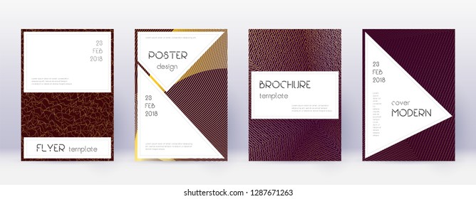 Stylish brochure design template set. Gold abstract lines on bordo background. Beautiful brochure design. Charming catalog, poster, book template etc.