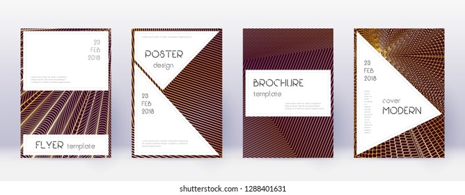 Stylish brochure design template set. Gold abstract lines on bordo background. Beautiful brochure design. Dazzling catalog, poster, book template etc.