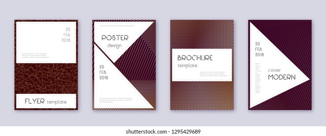 Stylish brochure design template set. Gold abstract lines on bordo background. Beautiful brochure design. Bewitching catalog, poster, book template etc.