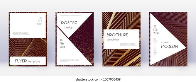 Stylish brochure design template set. Gold abstract lines on bordo background. Beautiful brochure design. Cute catalog, poster, book template etc.