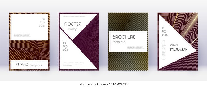 Stylish brochure design template set. Gold abstract lines on bordo background. Beautiful brochure design. Decent catalog, poster, book template etc.