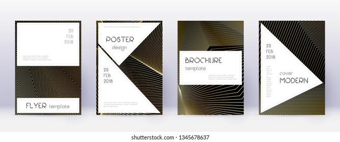 Stylish brochure design template set. Gold abstract lines on black background. Beauteous brochure design. Vibrant catalog, poster, book template etc.