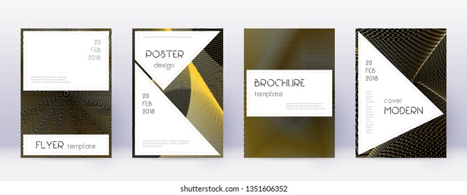 Stylish brochure design template set. Gold abstract lines on black background. Beauteous brochure design. Worthy catalog, poster, book template etc.
