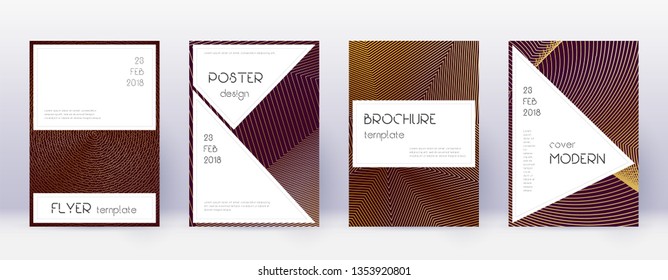 Stylish brochure design template set. Gold abstract lines on bordo background. Beautiful brochure design. Creative catalog, poster, book template etc.