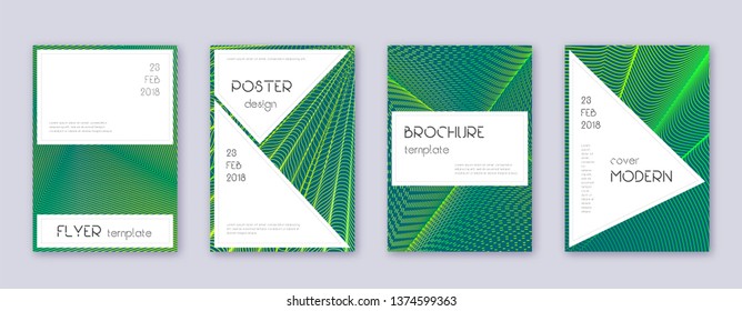 Stylish brochure design template set. Green abstract lines on dark background. Beautiful brochure design. Energetic catalog, poster, book template etc.