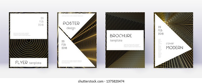 Stylish brochure design template set. Gold abstract lines on black background. Beauteous brochure design. Unusual catalog, poster, book template etc.