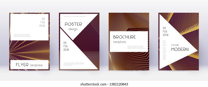 Stylish brochure design template set. Gold abstract lines on bordo background. Beautiful brochure design. Classic catalog, poster, book template etc.