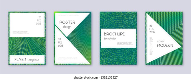 Stylish brochure design template set. Green abstract lines on dark background. Beautiful brochure design. Exceptional catalog, poster, book template etc.