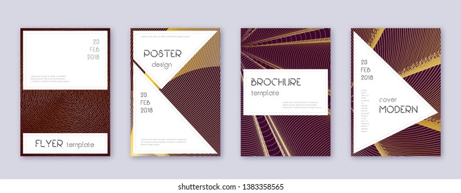 Stylish brochure design template set. Gold abstract lines on bordo background. Beautiful brochure design. Authentic catalog, poster, book template etc.