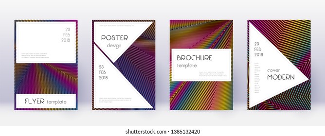 Stylish brochure design template set. Rainbow abstract lines on wine red background. Bewitching brochure design. Brilliant catalog, poster, book template etc.