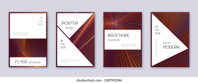 Stylish brochure design template set. Orange abstract lines on wine-red background. Beautiful brochure design. Positive catalog, poster, book template etc.