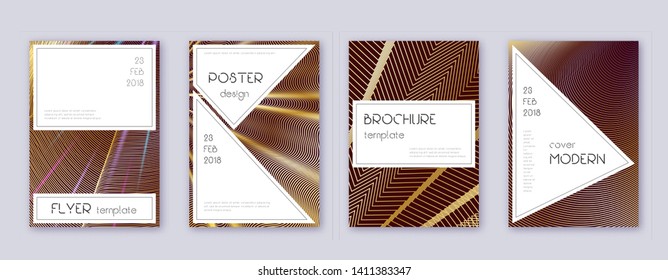 Stylish brochure design template set. Gold abstract lines on bordo background. Beautiful brochure design. Beauteous catalog, poster, book template etc.