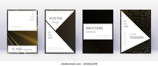 Stylish brochure design template set. Gold abstract lines on black background. Beautiful brochure design. Adorable catalog, poster, book template etc.