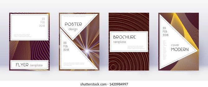 Stylish brochure design template set. Gold abstract lines on bordo background. Beautiful brochure design. Cool catalog, poster, book template etc.
