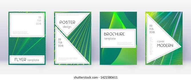 Stylish brochure design template set. Green abstract lines on dark background. Beautiful brochure design. Exquisite catalog, poster, book template etc.