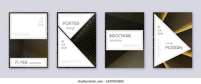 Stylish brochure design template set. Gold abstract lines on black background. Beauteous brochure design. Symmetrical catalog, poster, book template etc.