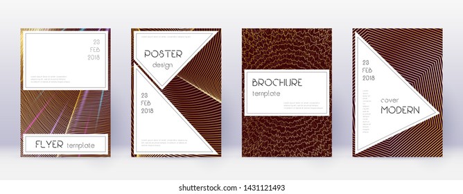 Stylish brochure design template set. Gold abstract lines on bordo background. Beautiful brochure design. Brilliant catalog, poster, book template etc.
