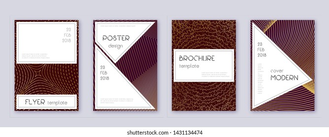 Stylish brochure design template set. Gold abstract lines on bordo background. Beautiful brochure design. Appealing catalog, poster, book template etc.