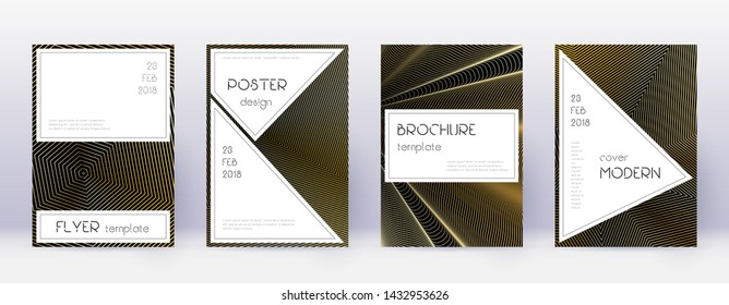 Stylish brochure design template set. Gold abstract lines on black background. Beauteous brochure design. Unique catalog, poster, book template etc.