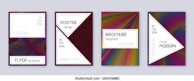 Stylish brochure design template set. Rainbow abstract lines on wine red background. Bewitching brochure design. Beauteous catalog, poster, book template etc.