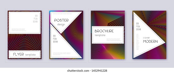 Stylish brochure design template set. Rainbow abstract lines on wine red background. Bewitching brochure design. Attractive catalog, poster, book template etc.