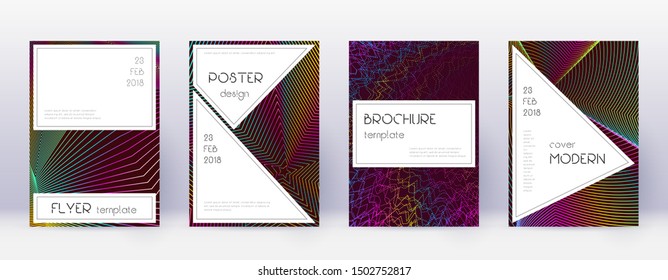Stylish brochure design template set. Rainbow abstract lines on wine red background. Bewitching brochure design. Breathtaking catalog, poster, book template etc.